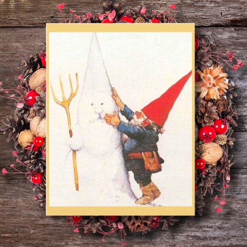 Vintage Christmas Gnome Making Snowman Holiday Card