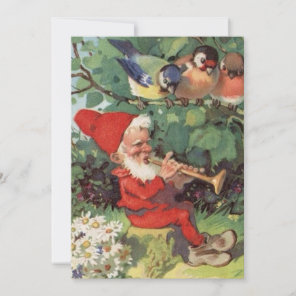 Vintage Christmas Gnome Playing Music Instrument Holiday Card
