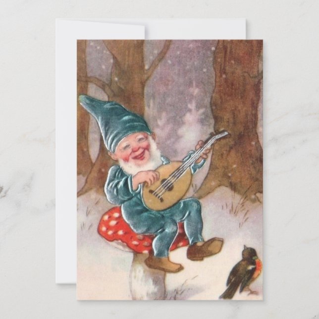 Vintage Christmas Gnome Playing Music To a Bird Holiday Card (Front)
