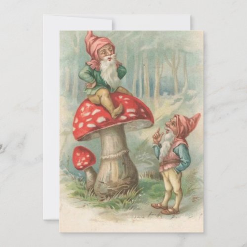 Vintage Christmas Gnome Sitting On a Mushroom Holiday Card