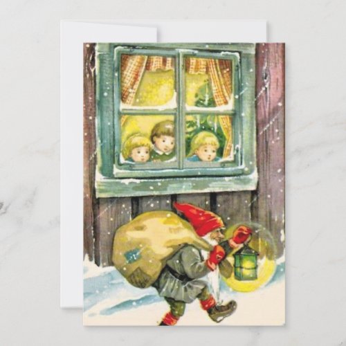 Vintage Christmas Gnome Sneaking With Gifts Holiday Card