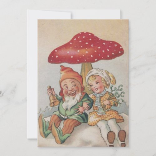 Vintage Christmas Gnome With Girl By Mushroom Holiday Card