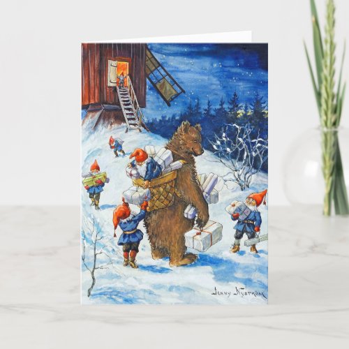 Vintage Christmas Gnomes and Bear Holiday Card