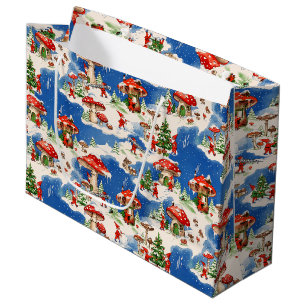 Vintage Christmas Gnomes and Mushroom Houses Large Gift Bag