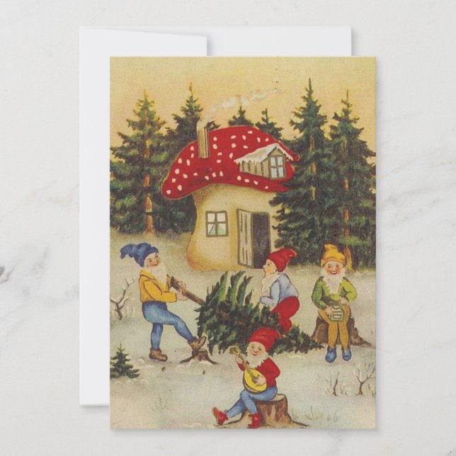 Vintage Christmas Gnomes Cutting Christmas Tree Holiday Card (Front)