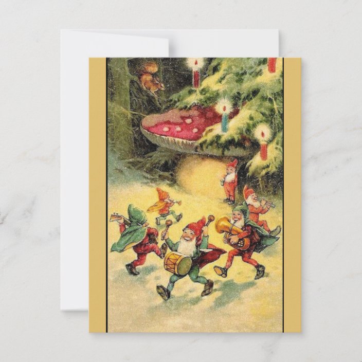 pics Vintage Christmas Gnomes vintage christmas gnomes dancing around mushroom holiday card zazzle com