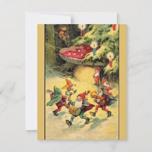 Vintage Christmas Gnomes Dancing Around Mushroom Holiday Card