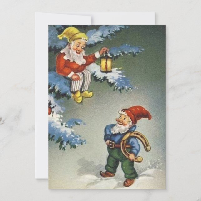 Vintage Christmas Gnomes Holding a Horseshoe Holiday Card (Front)