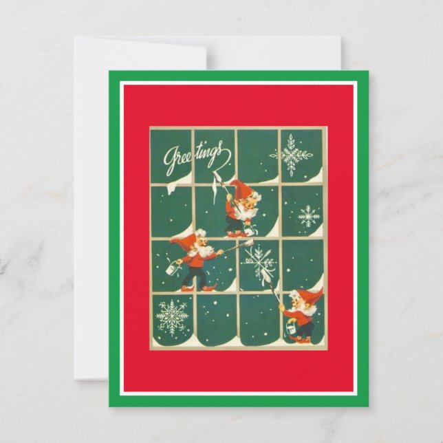 Vintage Christmas Gnomes In Window Holiday Card (Front)