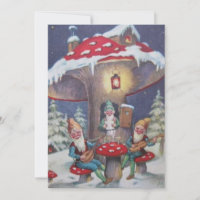 Vintage Christmas Gnomes Playing Music On Mushroom Holiday Card