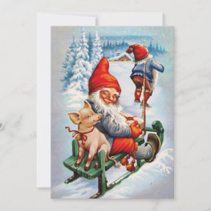 Vintage Christmas Gnomes Pulling Pig In Sled Holiday Card