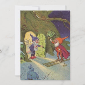 Vintage Christmas Gnomes Snow Skiing  Holiday Card