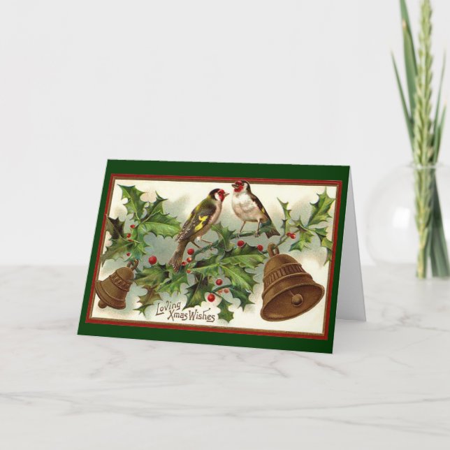 Vintage Christmas Gold Bells And Birds Holiday Card (Front)