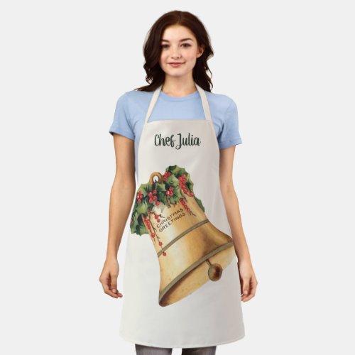 Vintage Christmas Golden Bells Seasons Greetings Apron