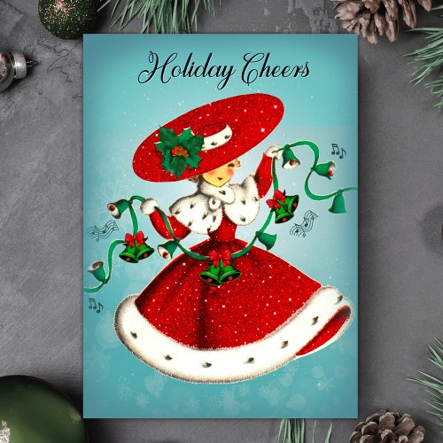 Vintage Christmas green bells red glitter girl Invitation