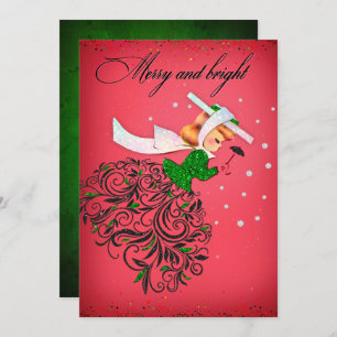 Vintage Christmas green glitter scarf girl Thank You Card