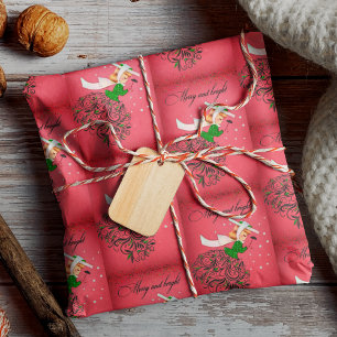 Vintage Christmas green glitter scarf girl Wrapping Paper