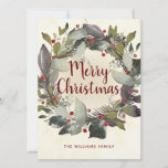 Vintage Christmas Green Holly Berry Wreath Holiday Card<br><div class="desc">Send a personalized holiday greeting to family and friends this Christmas season with one of our botanical flat cards . This design features a watercolor greenery wreath with red berries on a beige background. In the center in a modern red script typography, it reads, "Merry Christmas". Below in red text...</div>