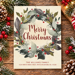 Vintage Christmas Green Holly Berry Wreath Moving Announcement Postcard