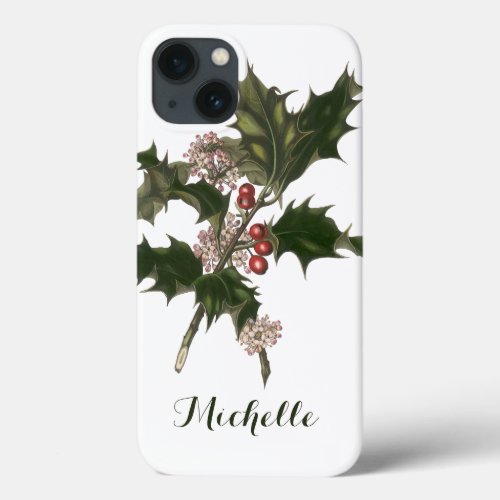 Vintage Christmas Green Holly Plant with Berries iPhone 13 Case