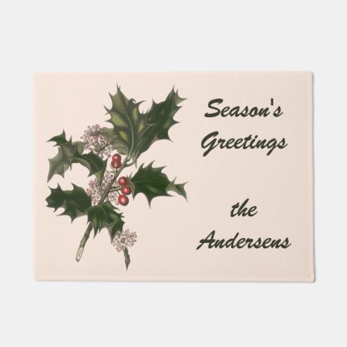 Vintage Christmas Green Holly Plant with Berries Doormat