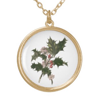 Vintage Christmas  Green Holly Plant With Berries Gold Plated Necklace by ChristmasCafe at Zazzle