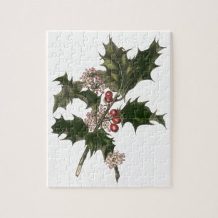 Vintage Christmas, Green Holly Plant with Berries Jigsaw Puzzle