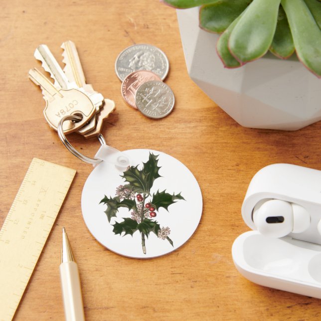 Vintage Christmas, Green Holly Plant with Berries Keychain (Desk)