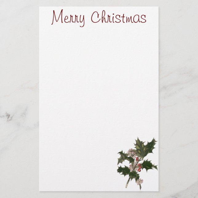 Vintage Christmas, Green Holly Plant with Berries Stationery (Front)