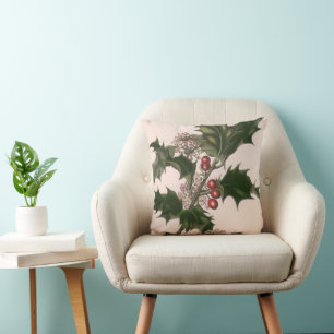 Vintage Christmas, Green Holly Plant with Berries Throw Pillow