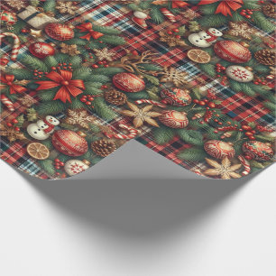 Vintage Christmas Greenery Botanical Plaid Pattern Wrapping Paper