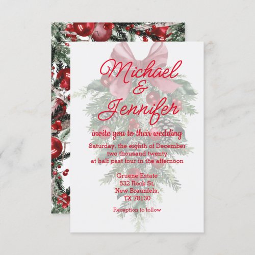 vintage christmas greenery ornaments red wedding  invitation