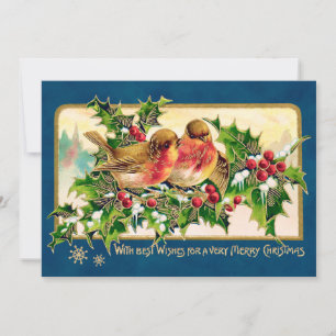 Vintage Christmas Greeting Birds Holly Faux Gold Note Card