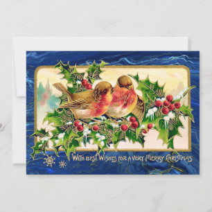 Vintage Christmas Greeting Birds Holly Faux Gold Note Card