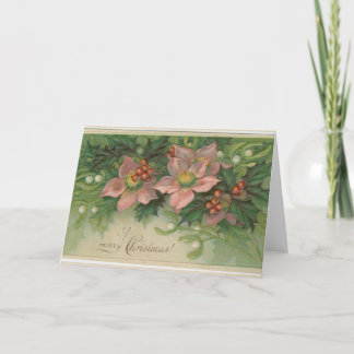 Vintage christmas greeting card with pink flowers