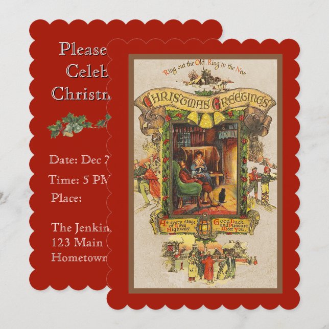 Vintage Christmas Greeting Party Invitation (Front/Back)