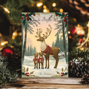Vintage Christmas greeting with Deer Family Invitation
