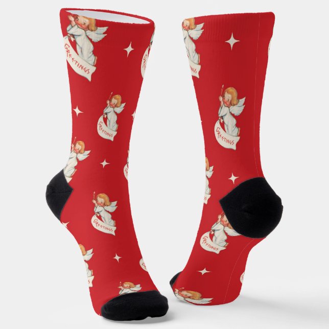 Vintage Christmas Greetings, Angels with Stars Socks (Angled)