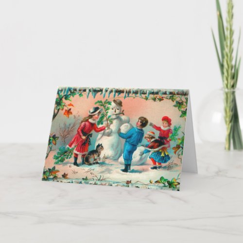 Vintage Christmas Greetings Build a Snowman Holiday Card