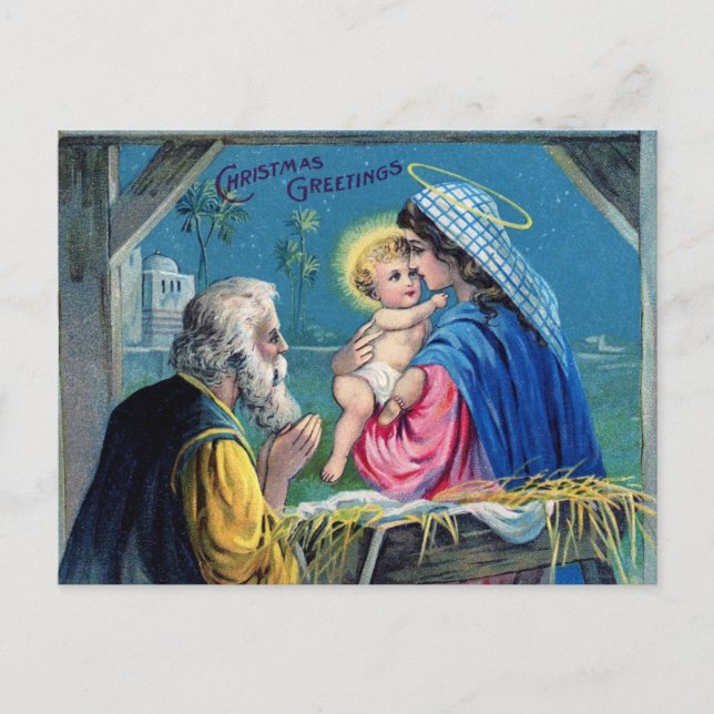 Vintage Christmas Greetings Christian Nativity Postcard (Front)