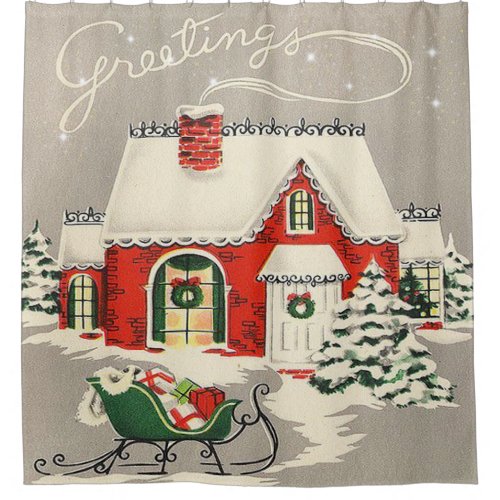 Vintage Christmas Greetings Cute Red House Sleigh Shower Curtain