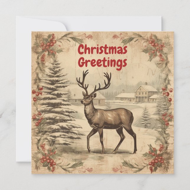 Vintage Christmas Greetings Deer  Holiday Card (Front)