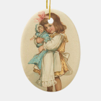 Vintage Christmas Greetings Girl with Doll Ceramic Ornament