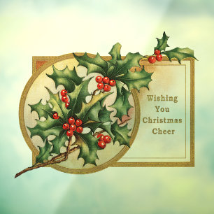Vintage Christmas Greetings Holly Faux Gold Window Cling