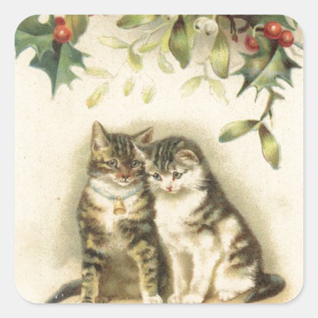 Vintage Christmas Greetings Kitty Cats Square Sticker (Front)