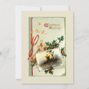 Vintage Christmas Greetings w/Holly & Ivy Holiday Card