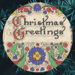 Vintage Christmas Greetings with Decorative Border Classic Round Sticker<br><div class="desc">Vintage illustration Victorian Merry Christmas holiday text design. The words 'Christmas Greetings' in antique letters are surrounded by a colorful floral decorative border with abstract flowers!</div>