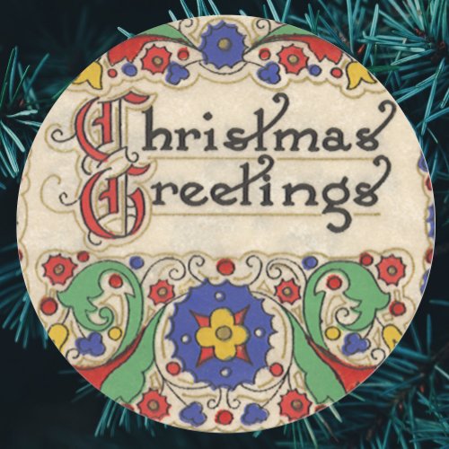 Vintage Christmas Greetings with Decorative Border Classic Round Sticker