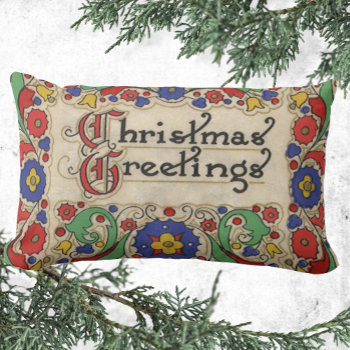 Vintage Christmas Greetings With Decorative Border Lumbar Pillow by ChristmasCafe at Zazzle