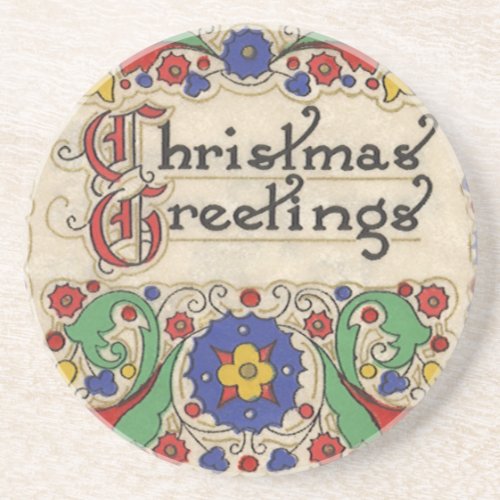 Vintage Christmas Greetings with Decorative Border Sandstone Coaster